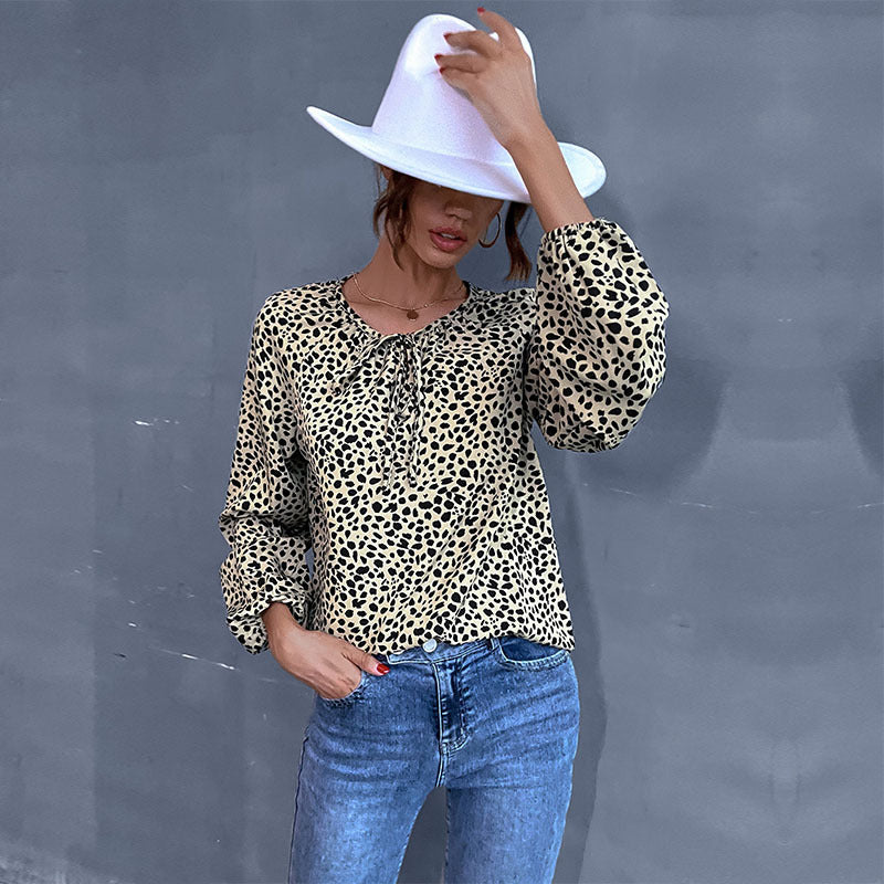 Leopard Print Crewneck Blouse with Tie-Neck and Balloon Sleeves