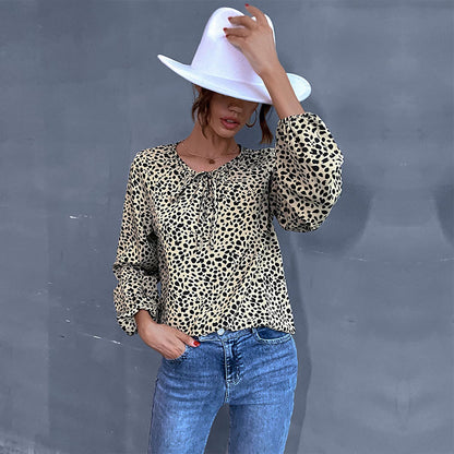 Leopard Print Crewneck Blouse with Tie-Neck and Balloon Sleeves