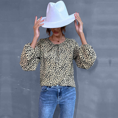 Leopard Print Crewneck Blouse with Tie-Neck and Balloon Sleeves