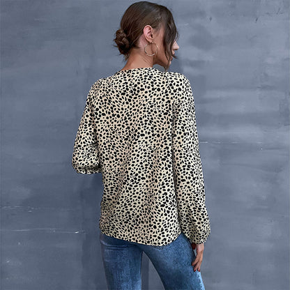 Leopard Print Crewneck Blouse with Tie-Neck and Balloon Sleeves