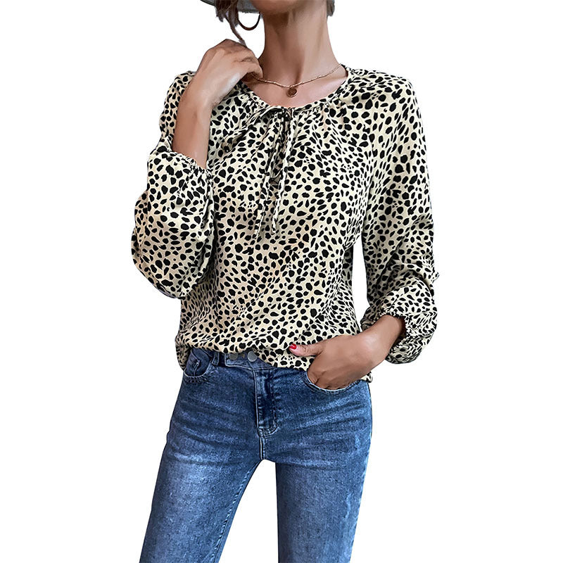 Leopard Print Crewneck Blouse with Tie-Neck and Balloon Sleeves