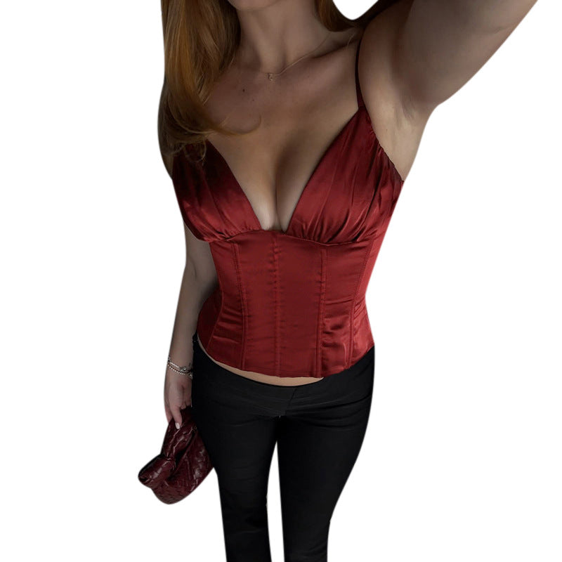 Slim Fit Satin Corset Top with V-Neck and Fishbone Boning