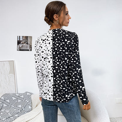 Color-Block Leopard Print Blouse with V-Neck and Long Sleeves