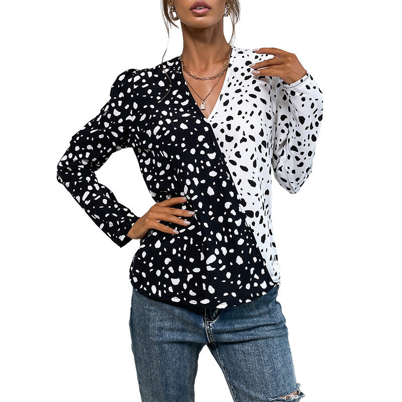 Color-Block Leopard Print Blouse with V-Neck and Long Sleeves