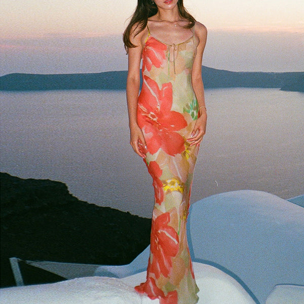 Floral Print Maxi Dress with Tie-Front and Backless Detail