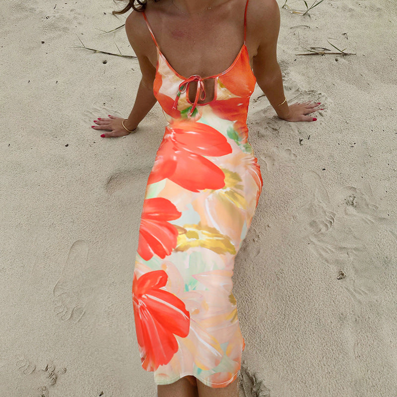 Floral Print Maxi Dress with Tie-Front and Backless Detail