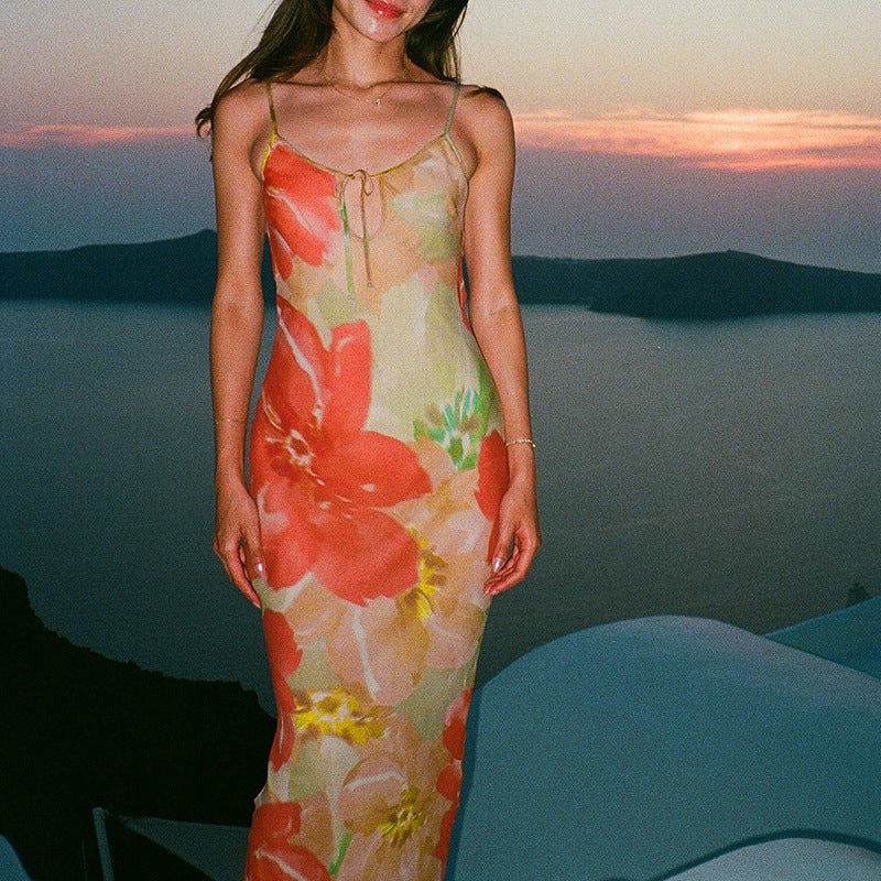 Floral Print Maxi Dress with Tie-Front and Backless Detail