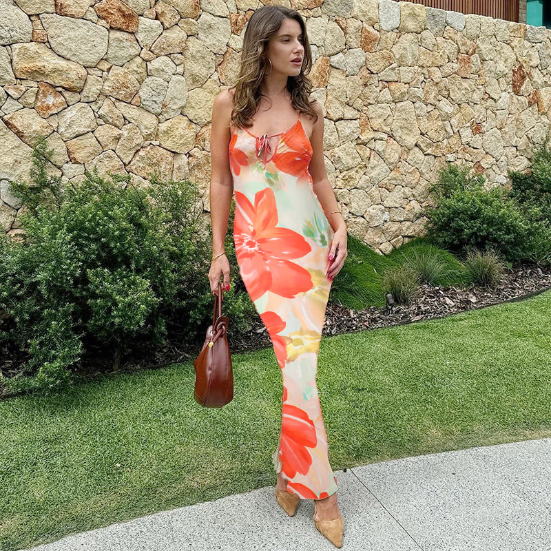 Floral Print Maxi Dress with Tie-Front and Backless Detail