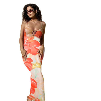 Floral Print Maxi Dress with Tie-Front and Backless Detail