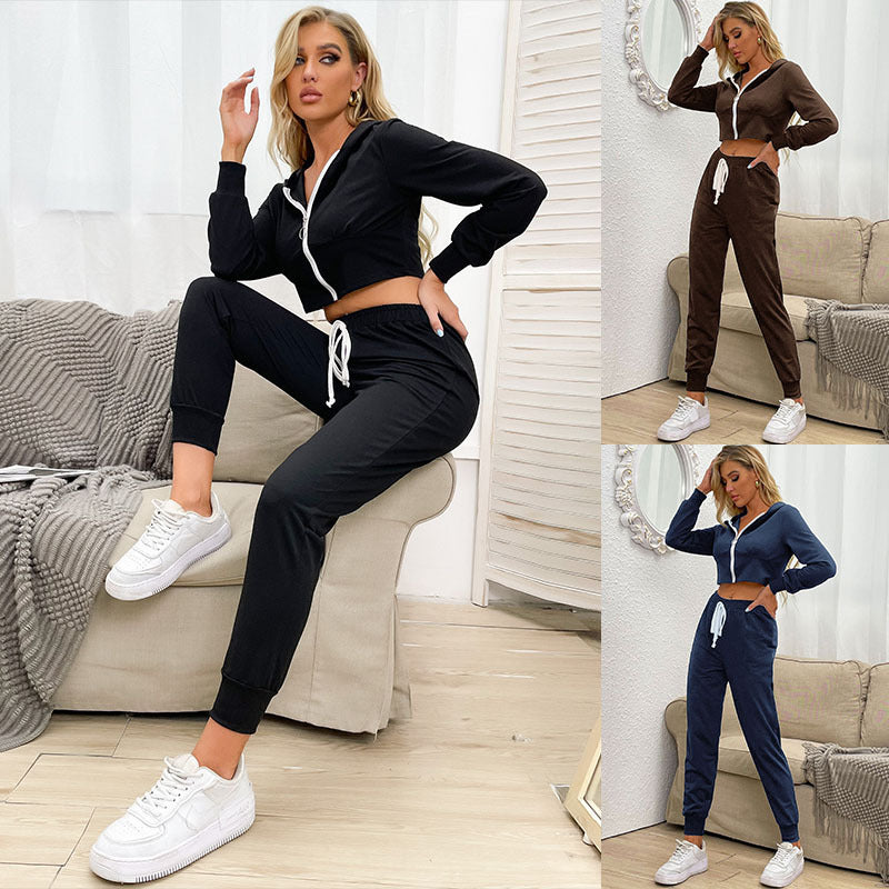 Cropped Zip-Up Hoodie and Jogger Set with Contrast Drawstring