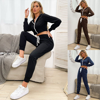 Cropped Zip-Up Hoodie and Jogger Set with Contrast Drawstring