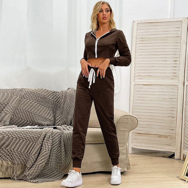 Cropped Zip-Up Hoodie and Jogger Set with Contrast Drawstring