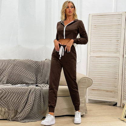 Cropped Zip-Up Hoodie and Jogger Set with Contrast Drawstring