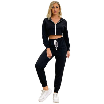 Cropped Zip-Up Hoodie and Jogger Set with Contrast Drawstring