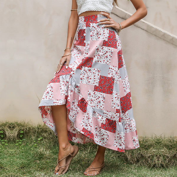 Patchwork Floral Midi Skirt with Button Front and Ruffle Hem