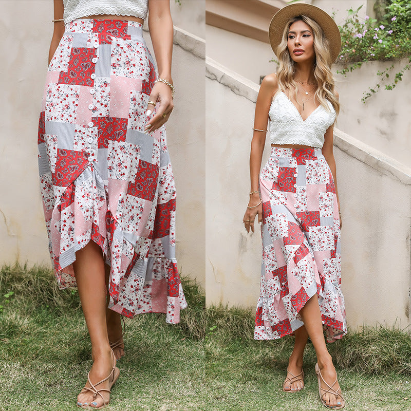Patchwork Floral Midi Skirt with Button Front and Ruffle Hem