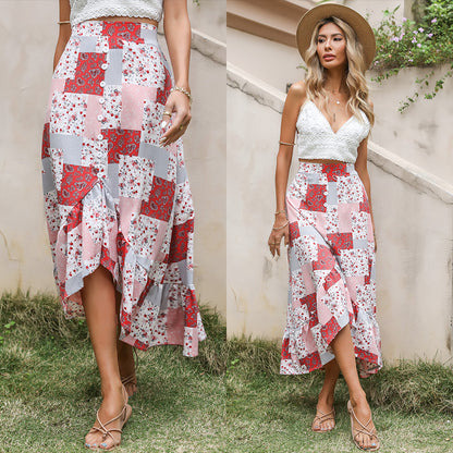Patchwork Floral Midi Skirt with Button Front and Ruffle Hem