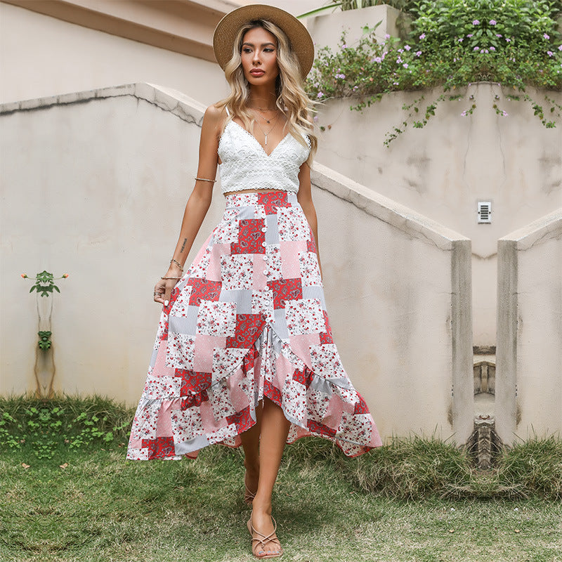 Patchwork Floral Midi Skirt with Button Front and Ruffle Hem
