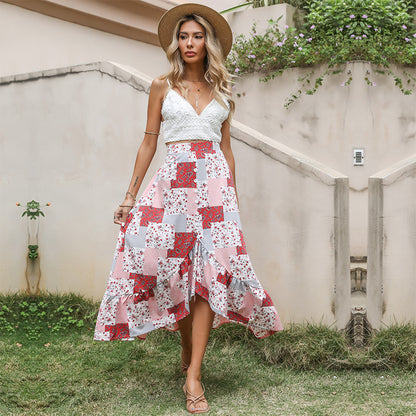 Patchwork Floral Midi Skirt with Button Front and Ruffle Hem