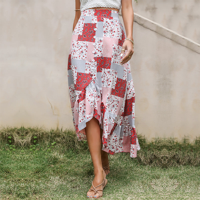 Patchwork Floral Midi Skirt with Button Front and Ruffle Hem