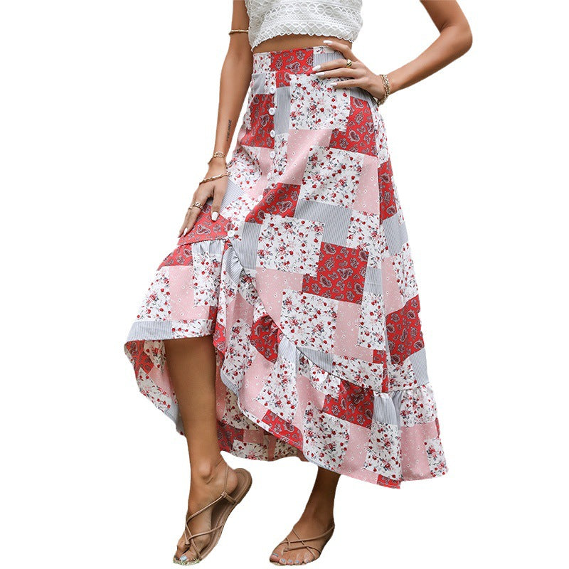 Patchwork Floral Midi Skirt with Button Front and Ruffle Hem