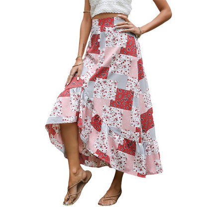 Patchwork Floral Midi Skirt with Button Front and Ruffle Hem