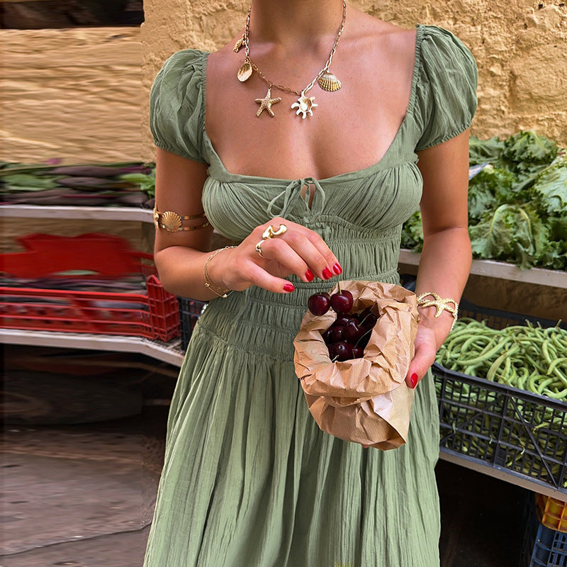 Solid A-Line Maxi Dress with Puff Sleeves and Lace-Up Back