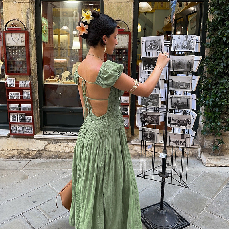 Solid A-Line Maxi Dress with Puff Sleeves and Lace-Up Back