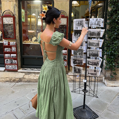 Solid A-Line Maxi Dress with Puff Sleeves and Lace-Up Back