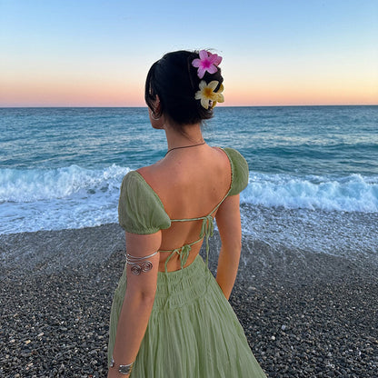 Solid A-Line Maxi Dress with Puff Sleeves and Lace-Up Back
