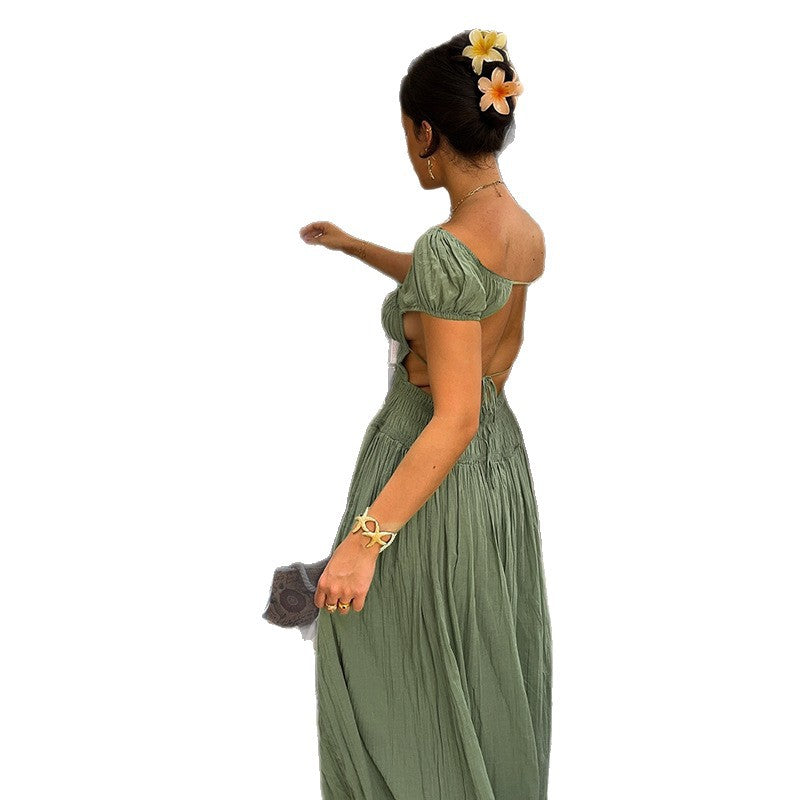 Solid A-Line Maxi Dress with Puff Sleeves and Lace-Up Back