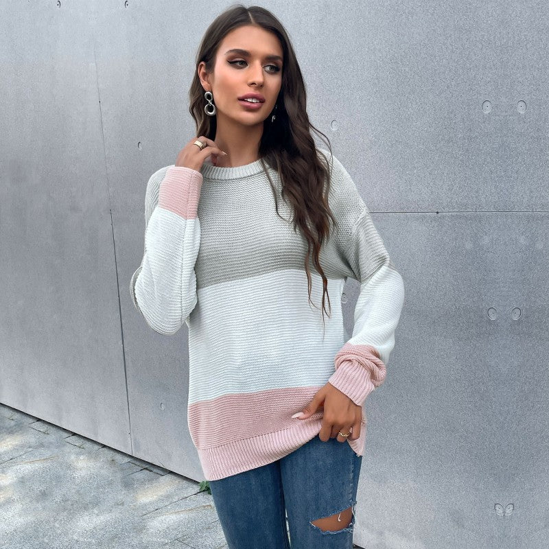 Color-Blocked Crewneck Knit Pullover with Long Sleeves