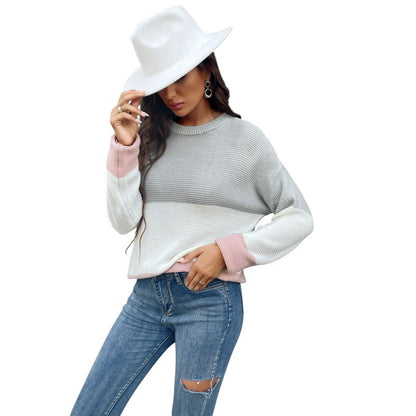 Color-Blocked Crewneck Knit Pullover with Long Sleeves