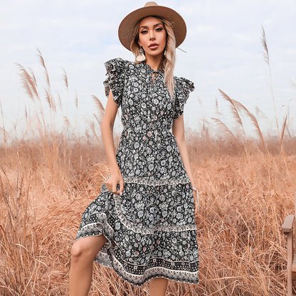 Floral A-Line Midi Dress with Ruffled Sleeves and Tiered Skirt