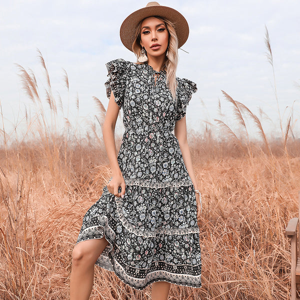 Floral A-Line Midi Dress with Ruffled Sleeves and Tiered Skirt
