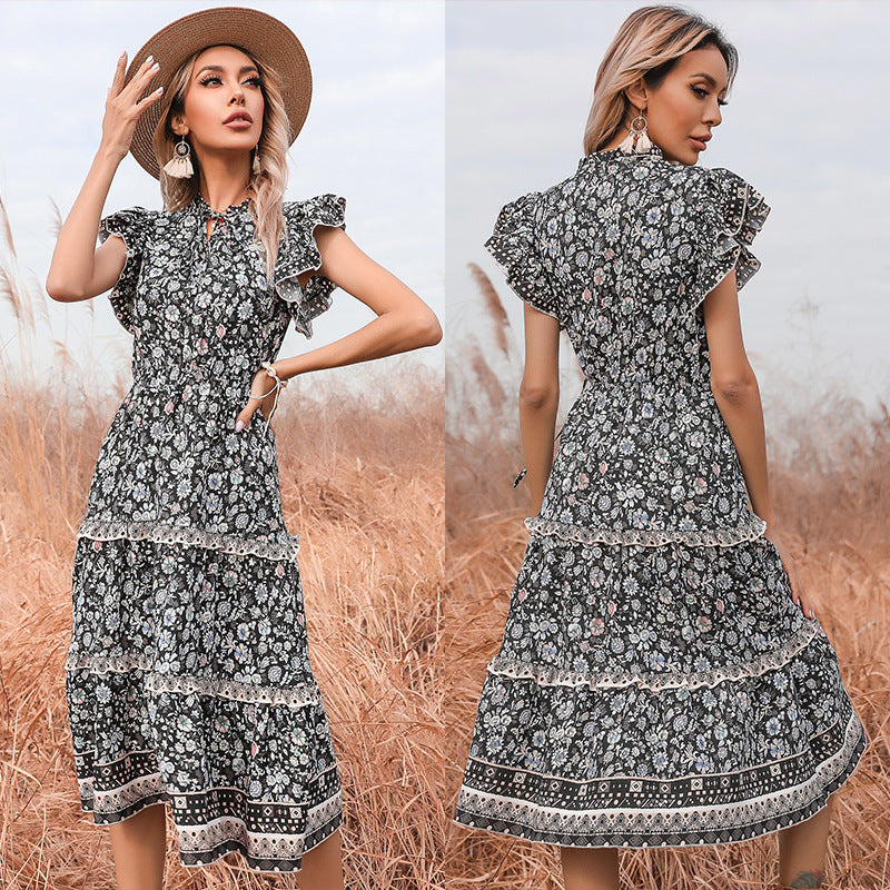 Floral A-Line Midi Dress with Ruffled Sleeves and Tiered Skirt
