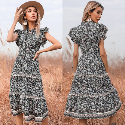 Floral A-Line Midi Dress with Ruffled Sleeves and Tiered Skirt