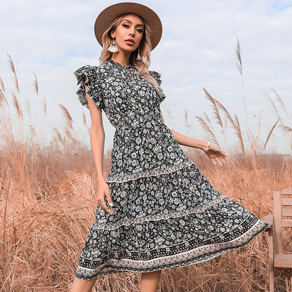 Floral A-Line Midi Dress with Ruffled Sleeves and Tiered Skirt