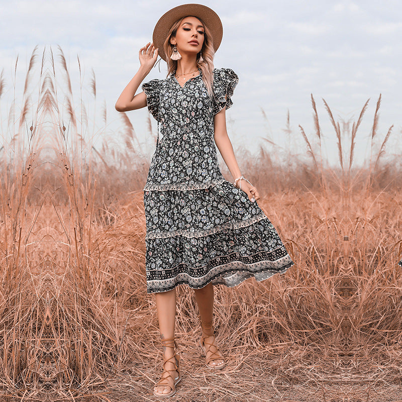 Floral A-Line Midi Dress with Ruffled Sleeves and Tiered Skirt