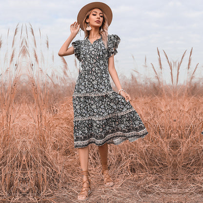 Floral A-Line Midi Dress with Ruffled Sleeves and Tiered Skirt