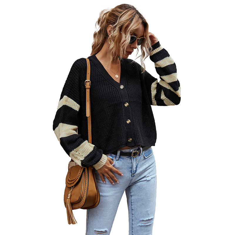 Cropped Knit Cardigan with Striped Sleeves and V-Neck