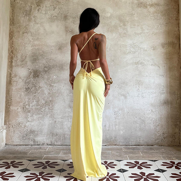 One-Shoulder Bodycon Maxi Dress with Backless Tie Detail
