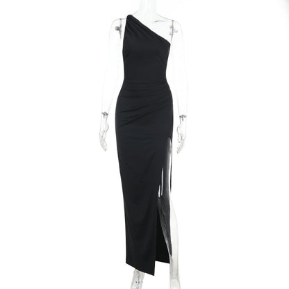One-Shoulder Bodycon Maxi Dress with Backless Tie Detail
