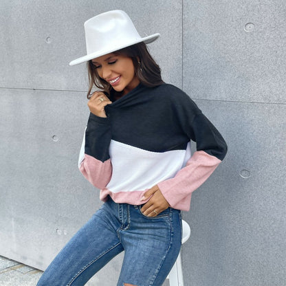 Color-Block Knit Pullover with Mock Neck and Long Sleeves