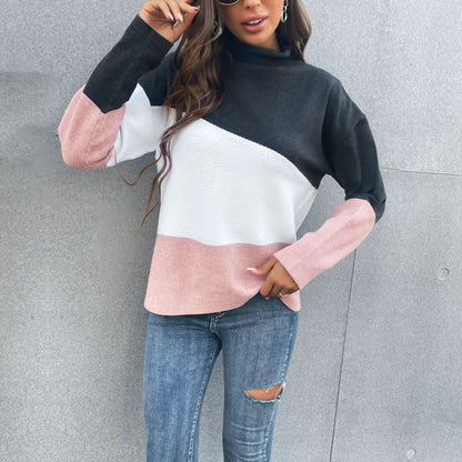 Color-Block Knit Pullover with Mock Neck and Long Sleeves