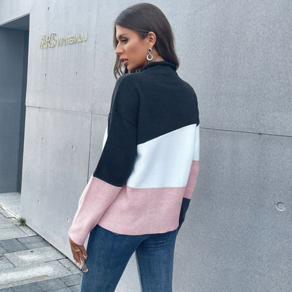 Color-Block Knit Pullover with Mock Neck and Long Sleeves