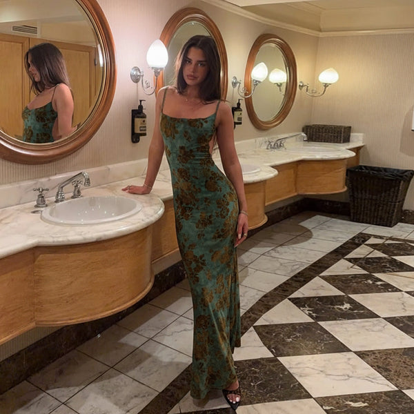 Flocked Floral Bodycon Maxi Dress with Backless Detail