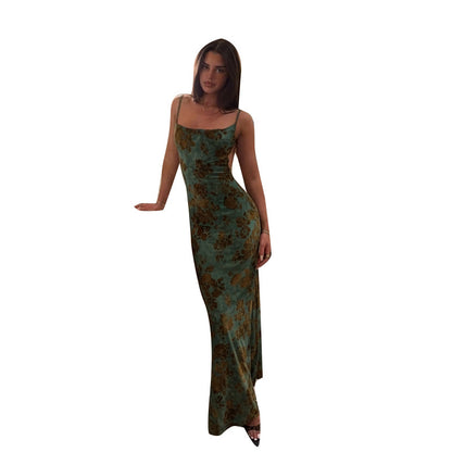 Flocked Floral Bodycon Maxi Dress with Backless Detail