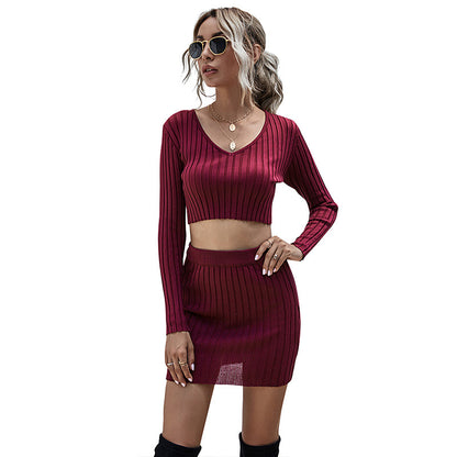 Ribbed Knit Two-Piece Skirt Set with Long Sleeve Crop Top