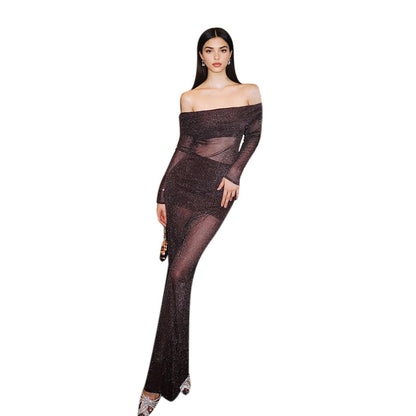 Sparkling Sheer Bodycon Maxi Dress with Off-Shoulder Neckline